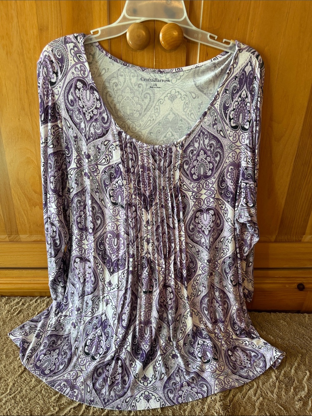 Croft & Barrow plus size 1X Purple Paisley Pleated Long-Sleeve Top